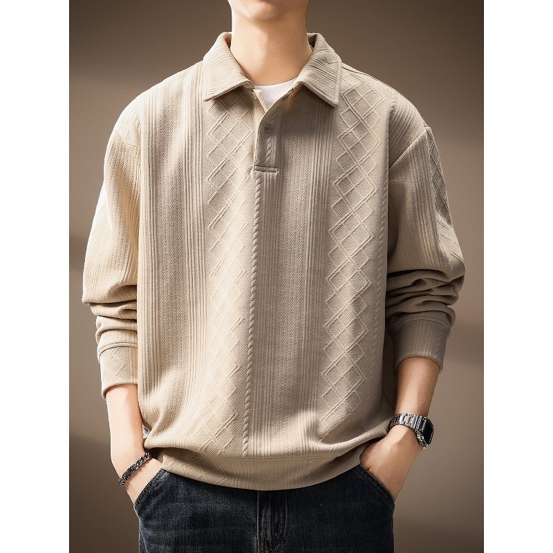 boy Boy High-Ed Frech Style Diamod Patter Jacquard Log-Sleeve Kit Sweater Me, Autum Textured Loose Fit Polo Shirt For_voghion.com