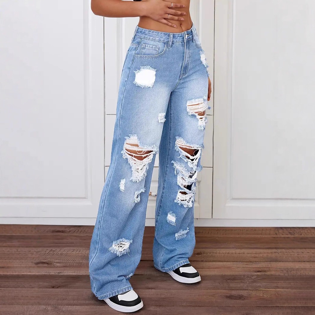 ChicShe European And American Cross-Border Trade Ripped Jeans Washed High Waist Straight Versatile Loose Denim Pants For Women_voghion.com