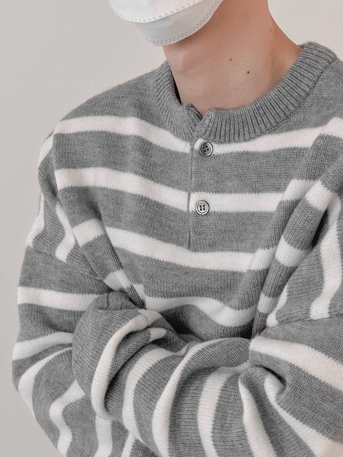 boy Boy Boy Boy Textured Japanese-Style Striped Sweater For Men With Buttons, Round Neck, Autumn Winter Casual Knitwear, Korean Version,_voghion.com