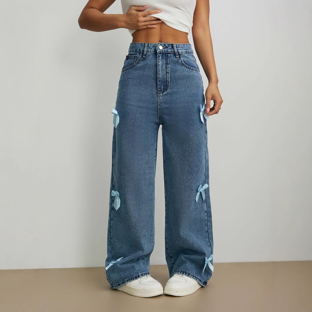 ChicShe Cross-Border Y2K Street Style Hot Girl Bow Washed Jeans Loose Straight Wide-Leg Pants JEANS_voghion.com