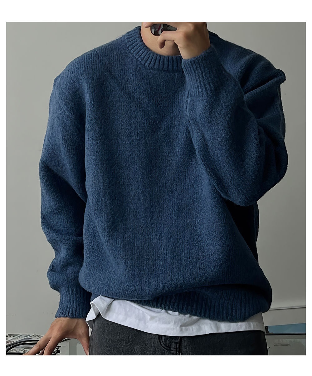 boy Boy Boy Boy Solid Color Drop Shoulder Round Neck Knitted Sweater For Men, Spring And Autumn Lazy Basic Versatile Sweater, Warm_voghion.com