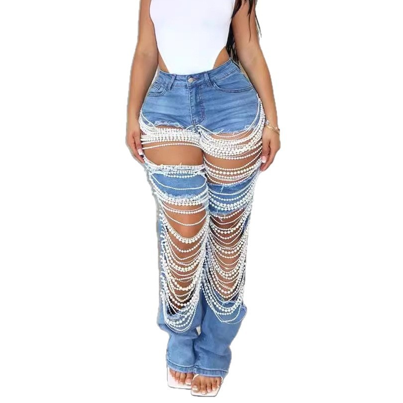 ChicShe Spicy Girl Zomer Europese en Amerikaanse Cross-Border Distressed Heavy Beaded Elastische Jeans Lange Broek Dames JEANS_voghion.com