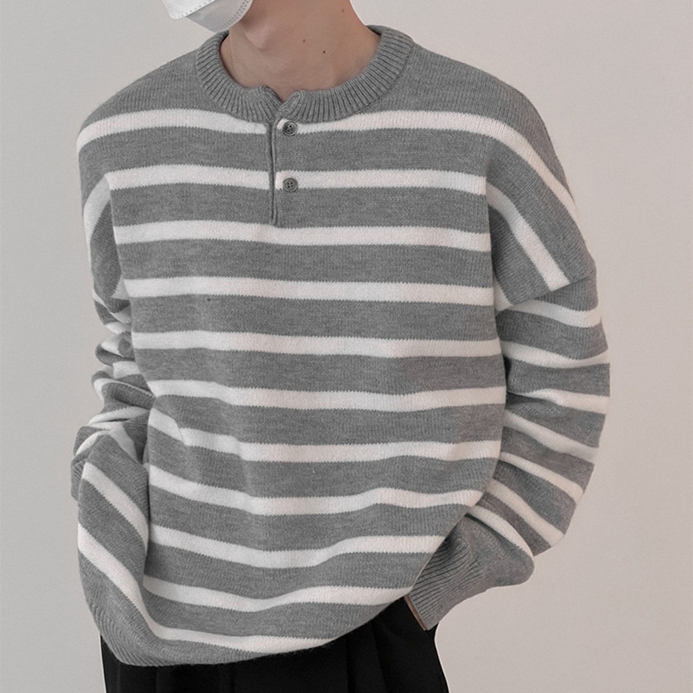 boy Boy Boy Boy Textured Japanese-Style Striped Sweater For Men With Buttons, Round Neck, Autumn Winter Casual Knitwear, Korean Version,_voghion.com