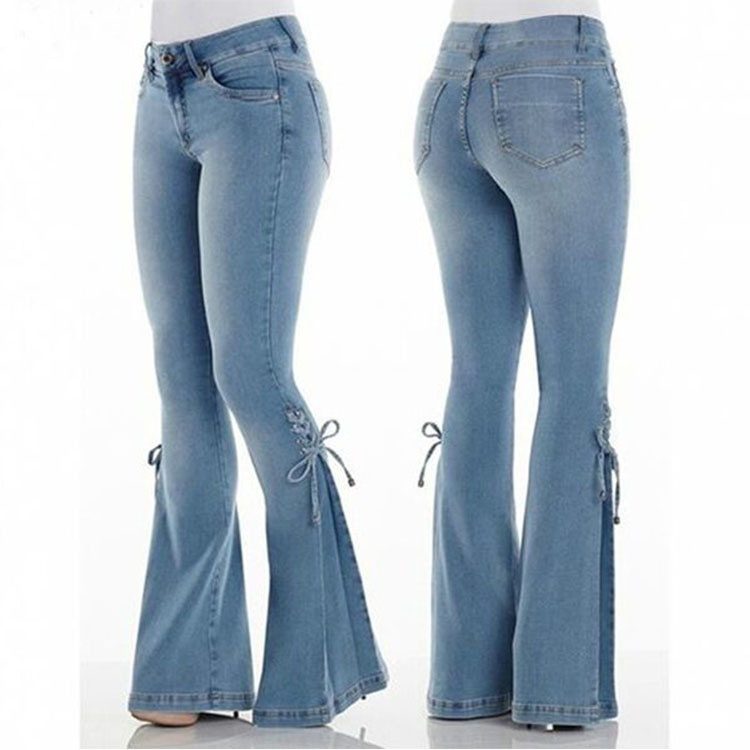 ChicShe Dames Europese en Amerikaanse stijl Mid-Waist Veterbroek Denim Stretchy Flared Jeans_voghion.com