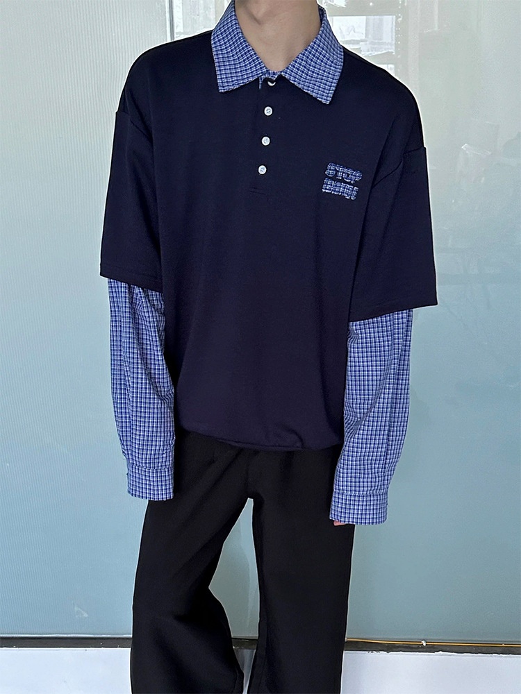 boy Boy Two-Piece American Retro Polo For Men, Spring And Autumn Style, Trendy Brand, High-End Sweatshirt, Plaid Patchwork_voghion.com