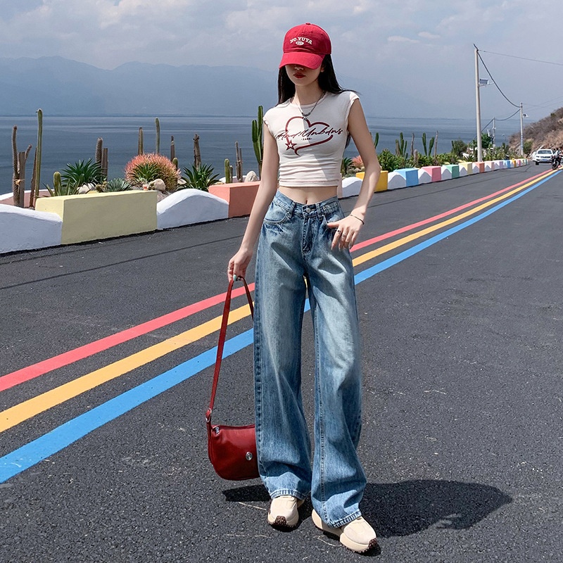 ChicShe 2025 Lente Zomer Nieuwe Amerikaanse Retro Gewassen Losse Rechte Jeans Voor Vrouwen Veelzijdige Gedrapeerde Wijde Broek_voghion.com