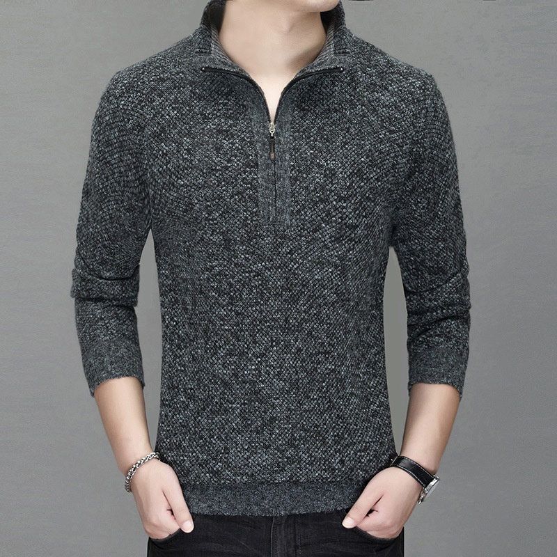 Jungen-Strickjacke aus dickem Fleece, Herren-Freizeitstrickjacke mit Stehkragen, Halbstrickjacke 8146#_voghion.com