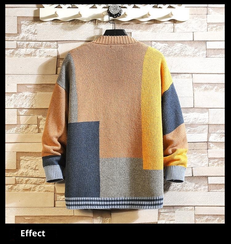 Herren-Cardigan für Jungen, Herbst/Winter, Design Sense Niche, V-Ausschnitt, Strick, locker, lange Ärmel, Patchwork, trendige Jacke_voghion.com