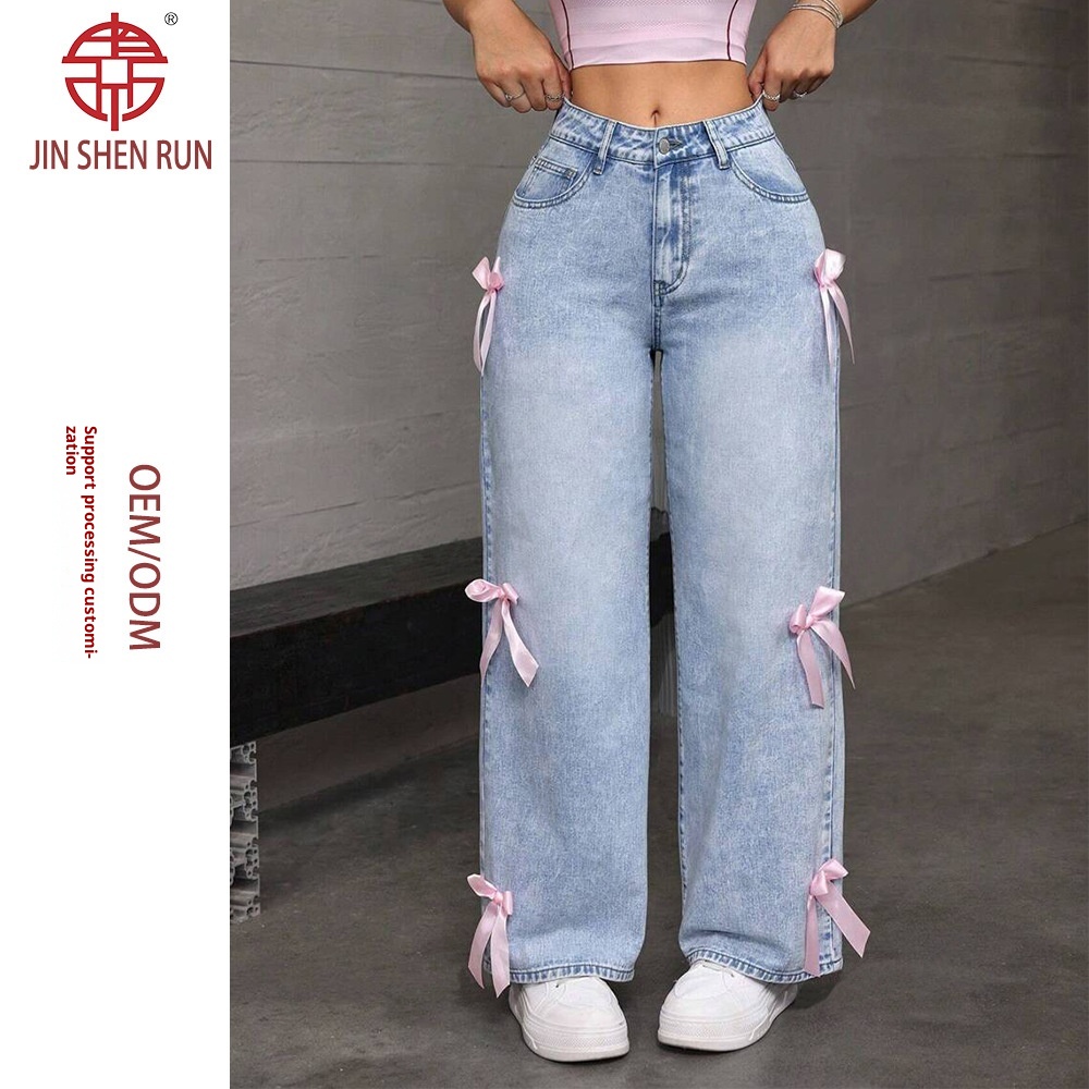 ChicShe Cross-Border Y2K Street Style Hot Girl Bow Washed Jeans Loose Straight Wide-Leg Pants JEANS_voghion.com