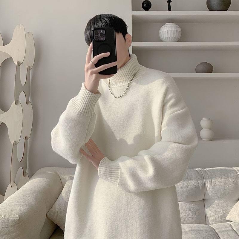 boy Boy Boy Boy Turnable High Collar Men Winter Plus Size Trendy Loose Fit Versatile Knitted Sweater Casual Inner Layer Base Shirt_voghion.com