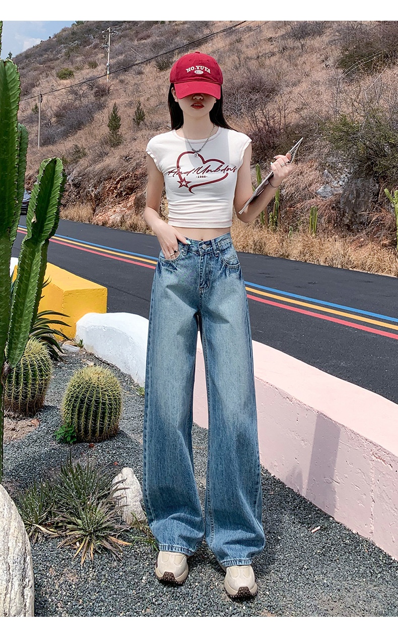 ChicShe 2025 Lente Zomer Nieuwe Amerikaanse Retro Gewassen Losse Rechte Jeans Voor Vrouwen Veelzijdige Gedrapeerde Wijde Broek_voghion.com