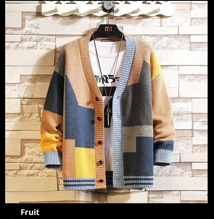 Herren-Cardigan für Jungen, Herbst/Winter, Design Sense Niche, V-Ausschnitt, Strick, locker, lange Ärmel, Patchwork, trendige Jacke_voghion.com