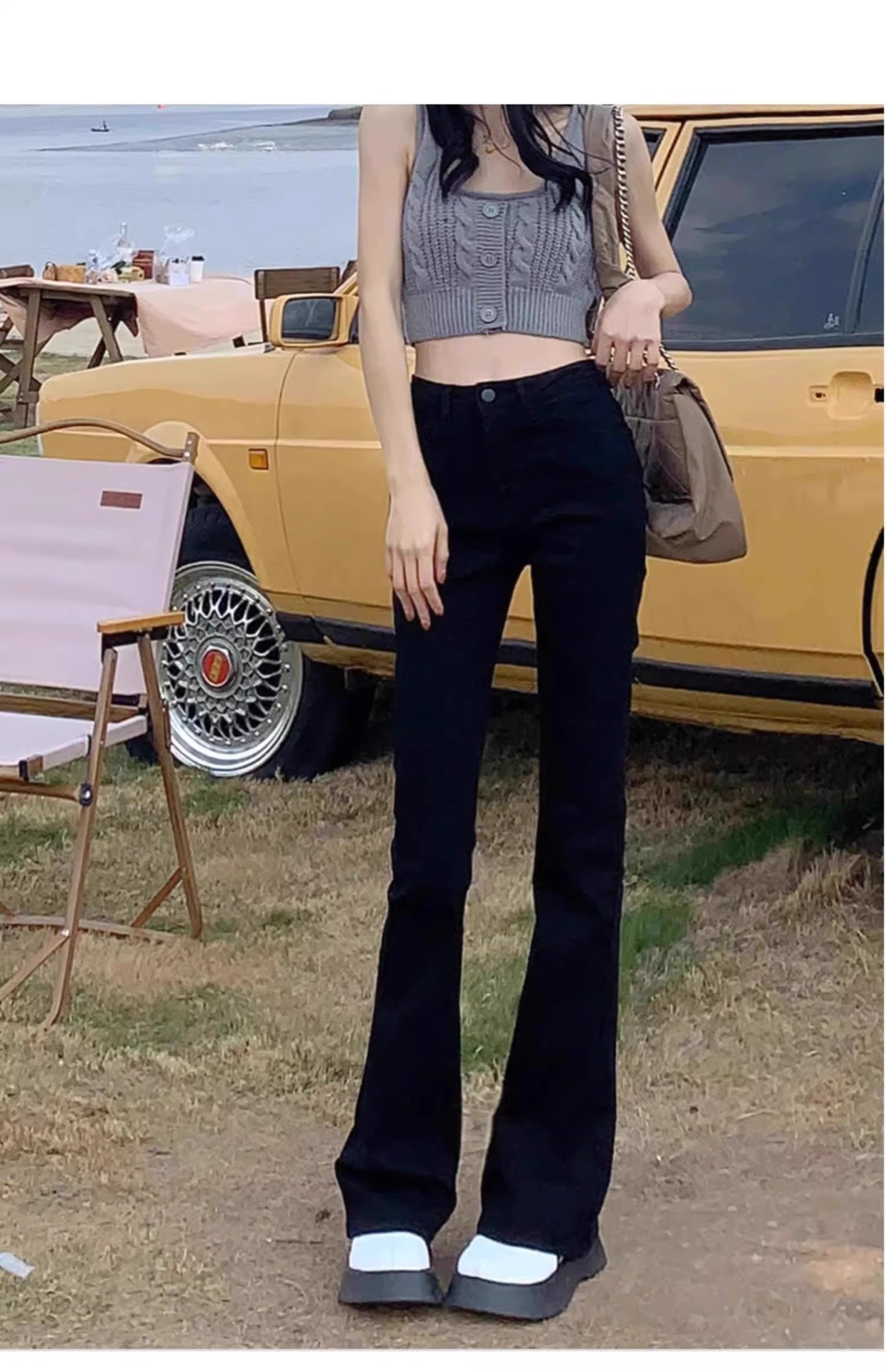 ChicShe Black High-Waisted Slimming Flared Jeans For Women, Spring And Autumn 2024 New Stretch Petite Cropped Bootcut Pants_voghion.com