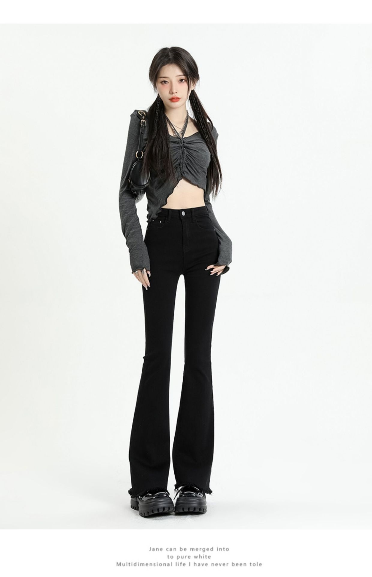 ChicShe Gray Jeans Women, Autumn High Waist Slimming Bootcut Pants, Petite Elastic Frayed Flared Trousers For Fall And Winter_voghion.com