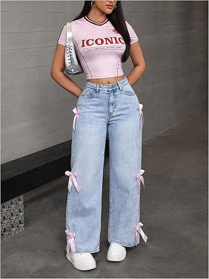 ChicShe Cross-Border Y2K Street Style Hot Girl Bow Patchwork Washed Jeans Losse Rechte Wijde Broek Ins_voghion.com