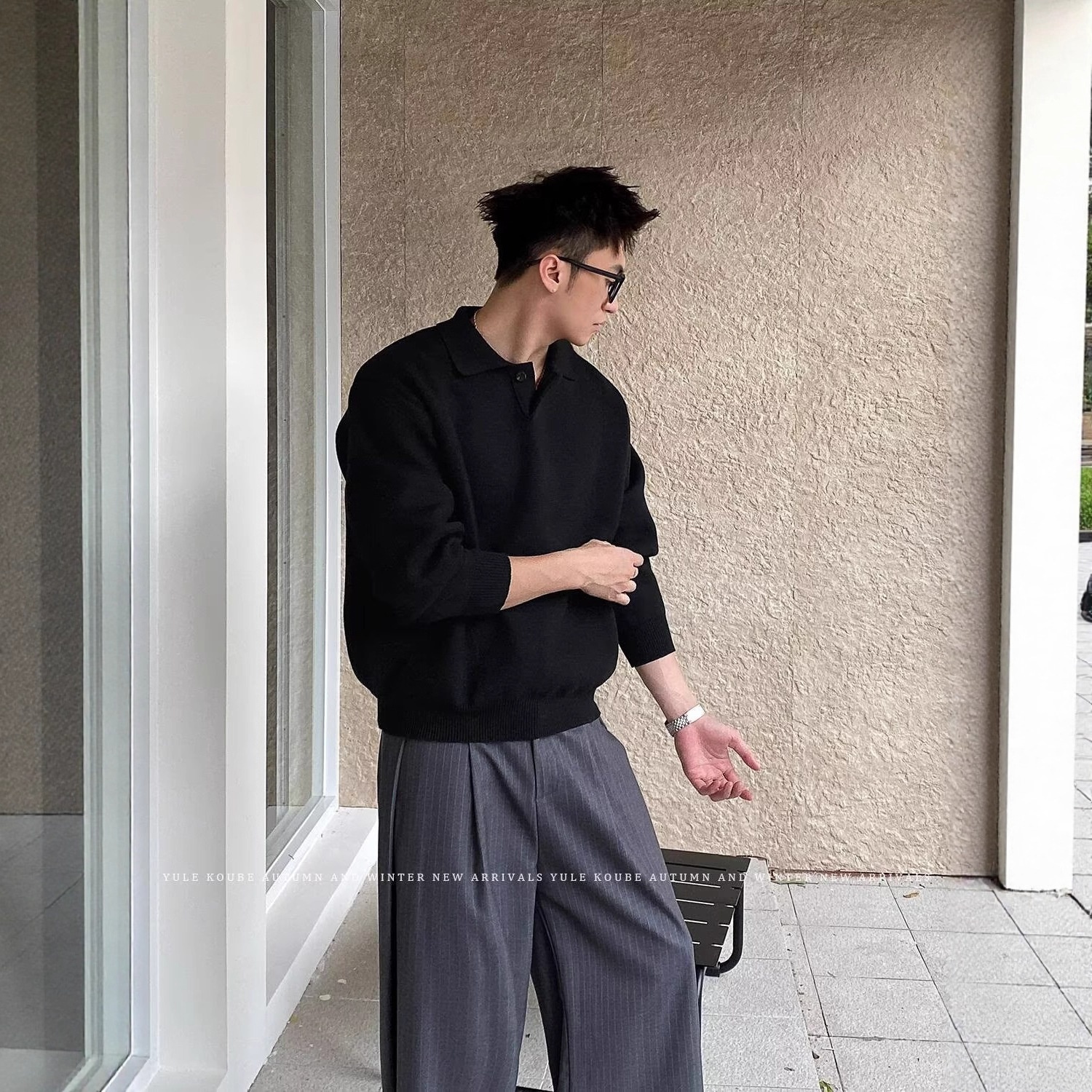 boy Boy Boy Boy Gray Polo Sweater Lazy High-End Feel Winter Heavyweight Turn-Down Collar Knitwear Men's American Cleanfit Jacket_voghion.com