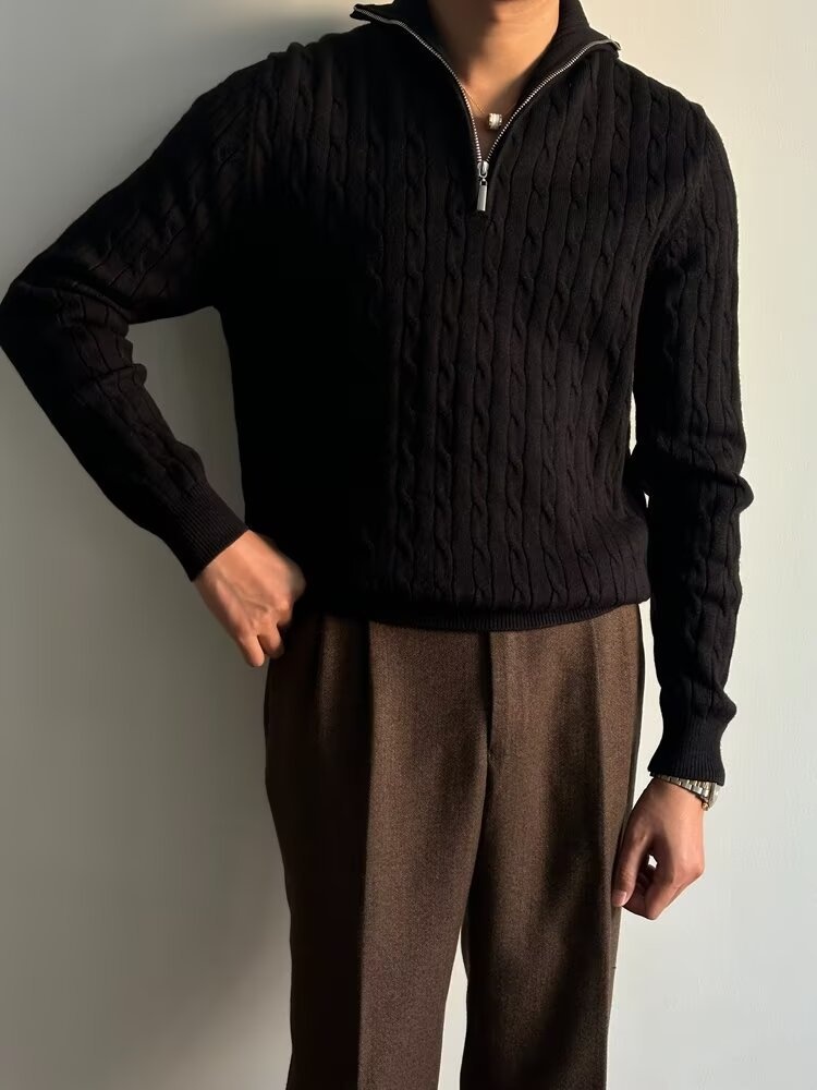 Pull demi-zip pour homme, collection automne 2024, style coréen, polyvalent, en maille épaisse à torsades, col rabattu._voghion.com