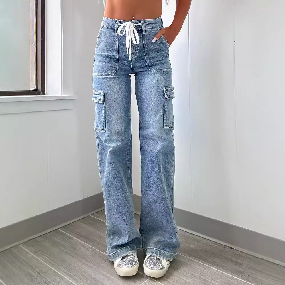 ChicShe Vendita diretta in fabbrica 2025 Nuovi jeans a gamba dritta da donna in stile americano, casual, con lacci, multitasche, funzionali, cargo_voghion.com