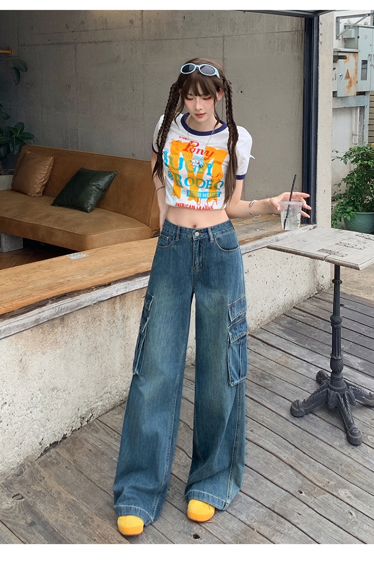 ChicShe Vintage Blue Washed Cargo Jeans For Women New American Retro High Waist Straight Wide Leg Pants_voghion.com