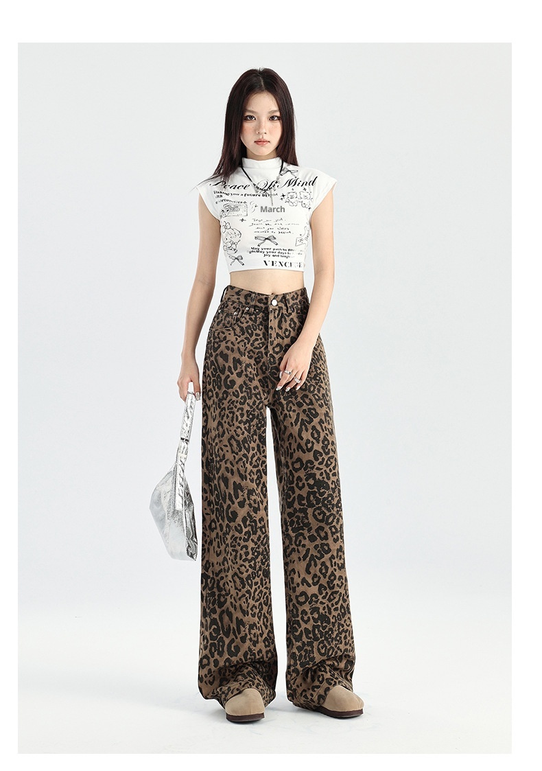 ChicShe luipaardprint wijde jeans voor dames herfst 2025 nieuwe hoge taille Amerikaanse stijl losse afslankende smalle versie_voghion.com