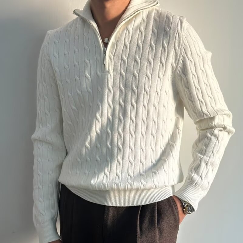 Pull demi-zip pour homme, collection automne 2024, style coréen, polyvalent, en maille épaisse à torsades, col rabattu._voghion.com