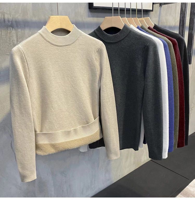 boy Boy Boy Boy Half Turtleneck Sweater For Men, Fleece-Lined Thickened, Autumn And Winter, Mid-Neck, Solid Color, Student Base Layer,_voghion.com
