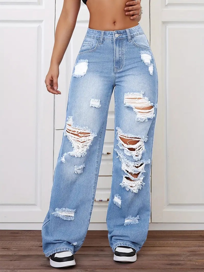ChicShe European And American Cross-Border Trade Ripped Jeans Washed High Waist Straight Versatile Loose Denim Pants For Women_voghion.com