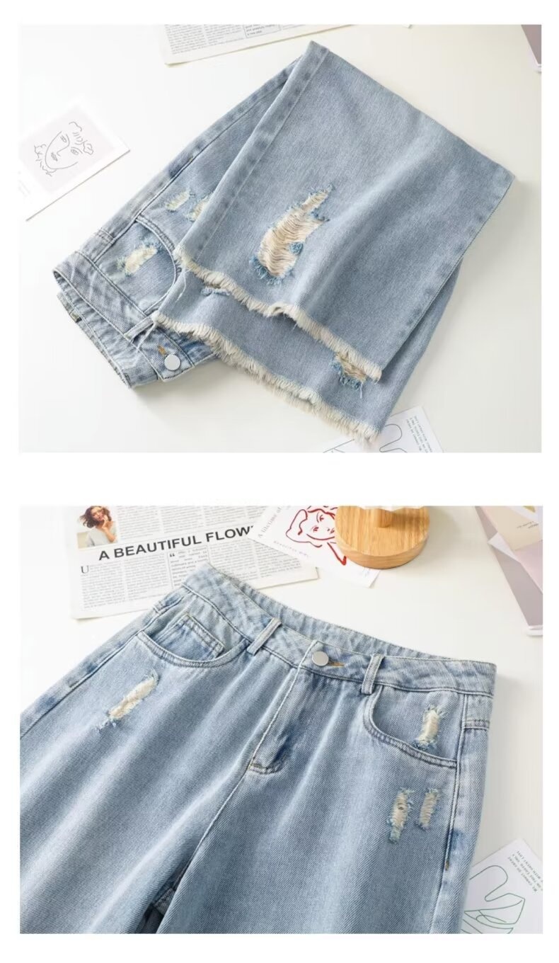 ChicShe Light Color Ripped Jeans Women 2024 New Summer Thin High Waist Loose Straight-leg Wide Leg Cropped Pants_voghion.com