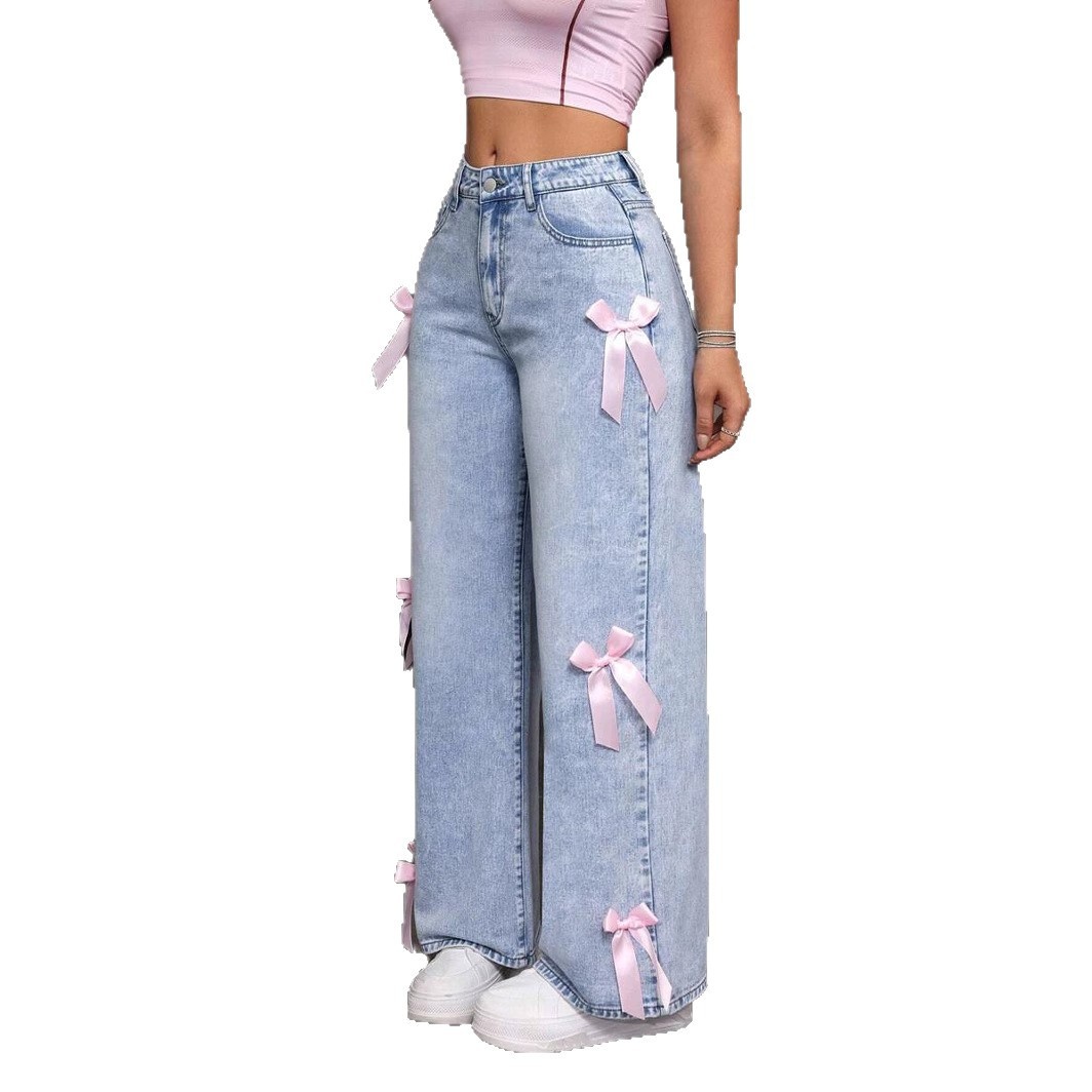 ChicShe Cross-Border Y2K Street Style Hot Girl Bow Washed Jeans Loose Straight Wide-Leg Pants JEANS_voghion.com