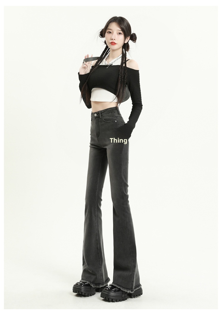 ChicShe Vintage High-Waisted Jeans voor dames 2025 Herfst Nieuwe Small Slim Fit Gerafelde Uitlopende Broek_voghion.com