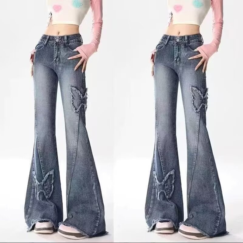 Jean évasé ChicShe Plus style américain tendance, broderie papillon, pour femme, été, grandes tailles, pantalon amincissant à jambes larges_voghion.com