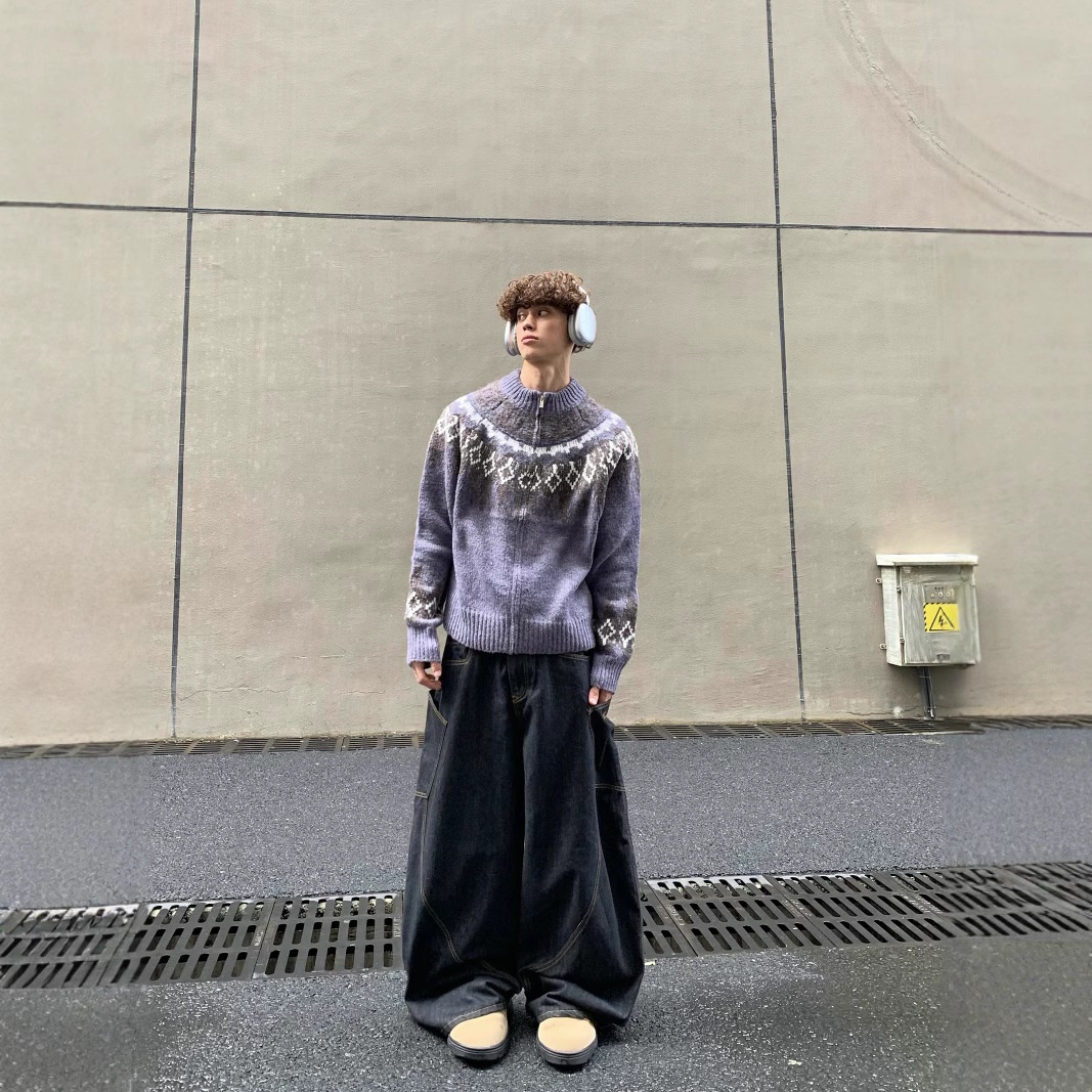 boy Boy Boy Boy Cabbage Coke American Retro Pattern Autumn Winter Round Neck Double Zipper Stand Collar Knitted Sweater Cardigan Jacket_voghion.com