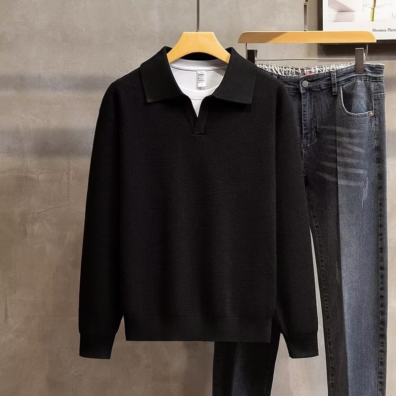 boy Boy Turn-Down Collar Knit Autumn Winter 2022 New Style Men High-End Trendy Pullover Long Sleeve Polo Sweater_voghion.com