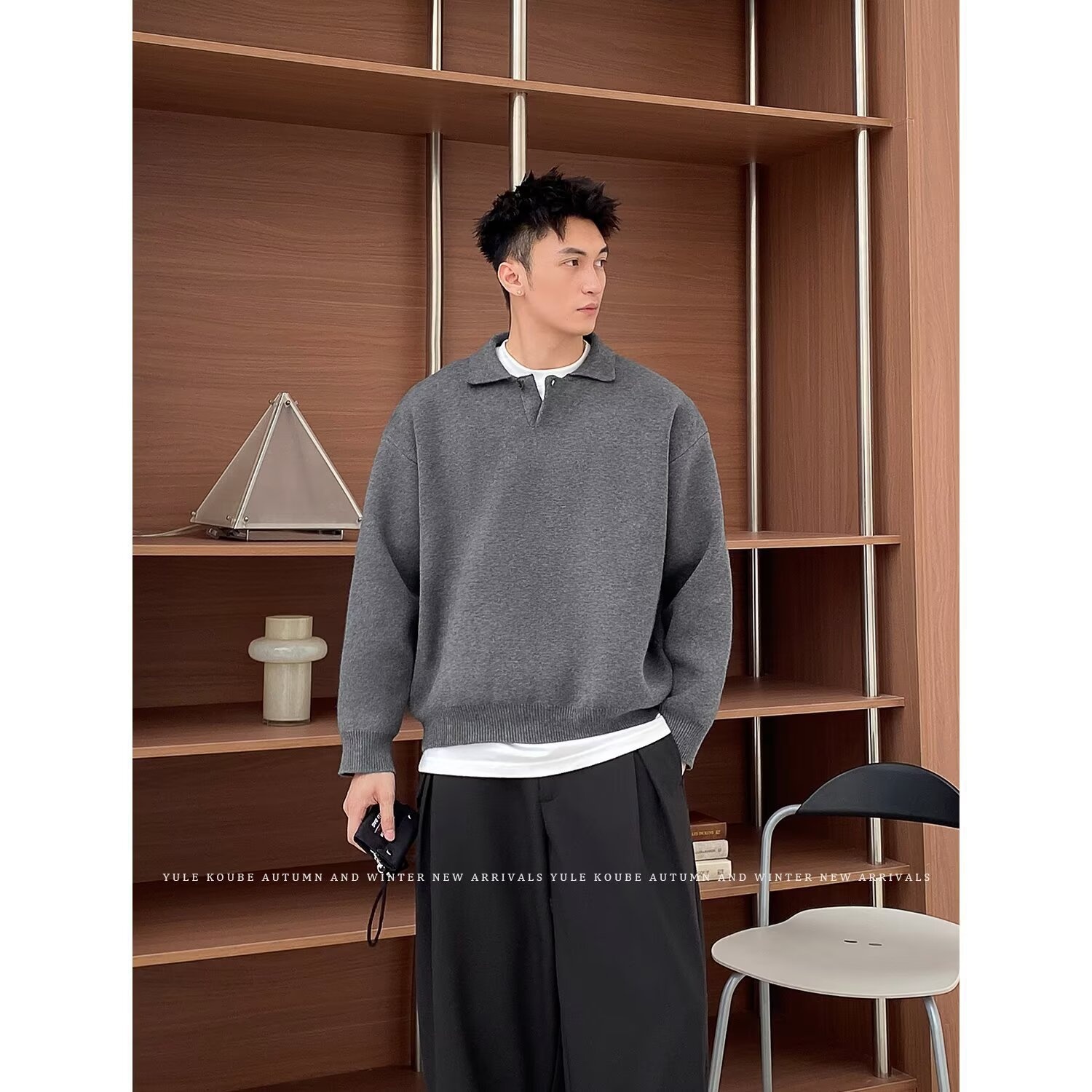 boy Boy Boy Boy Gray Polo Sweater Lazy High-End Feel Winter Heavyweight Turn-Down Collar Knitwear Men's American Cleanfit Jacket_voghion.com