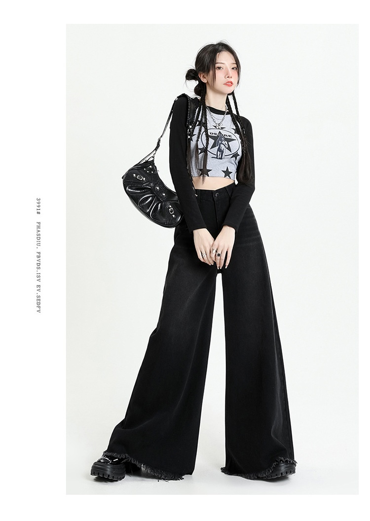 ChicShe ChicShe 2025 European American Cross-Border Street Style Black And Gray Wide-Leg Sweeping Pants Large Cuff Frayed Hem Jeans_voghion.com