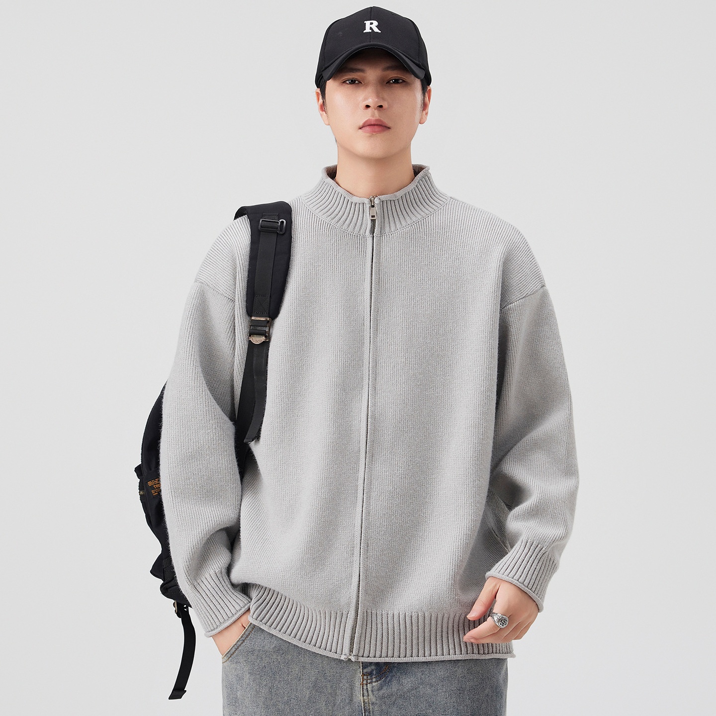 boy Boy Boy Boy Japanese Style Solid Color Heavyweight Zipper Cardigan Knitwear Versatile Casual Autumn Winter Light Sweater_voghion.com