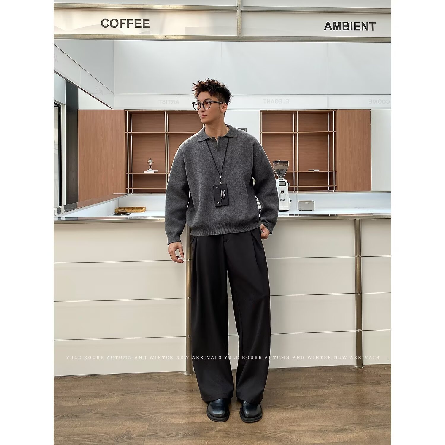 boy Boy Boy Boy Gray Polo Sweater Lazy High-End Feel Winter Heavyweight Turn-Down Collar Knitwear Men's American Cleanfit Jacket_voghion.com