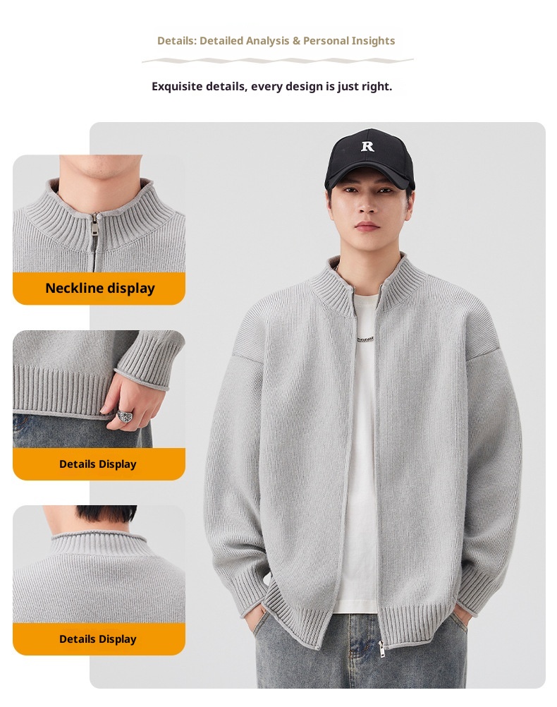 boy Boy Boy Boy Japanese Style Solid Color Heavyweight Zipper Cardigan Knitwear Versatile Casual Autumn Winter Light Sweater_voghion.com