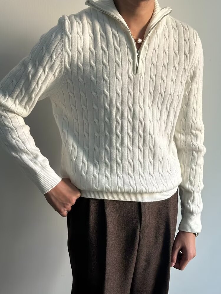 Pull demi-zip pour homme, collection automne 2024, style coréen, polyvalent, en maille épaisse à torsades, col rabattu._voghion.com