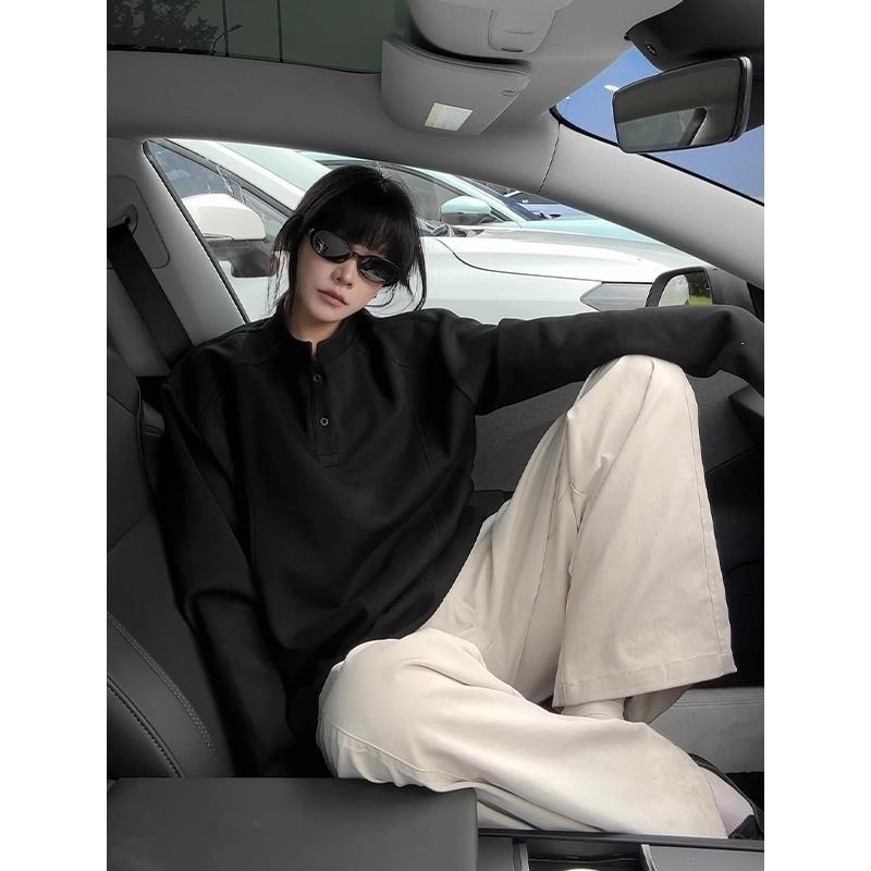 boy Henry Collar Regular Shoulder Sweatshirt For Men, Autumn Cleanfit American Style Deconstructed Patchwork Design Long_voghion.com