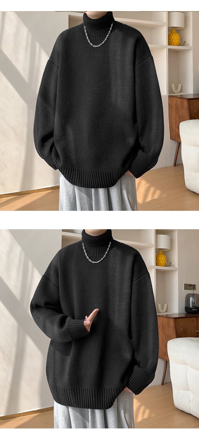 boy Boy Boy Boy Turnable High Collar Men Winter Plus Size Trendy Loose Fit Versatile Knitted Sweater Casual Inner Layer Base Shirt_voghion.com