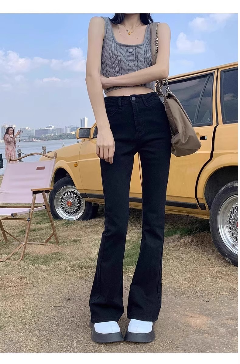 ChicShe Black High-Waisted Slimming Flared Jeans For Women, Spring And Autumn 2024 New Stretch Petite Cropped Bootcut Pants_voghion.com