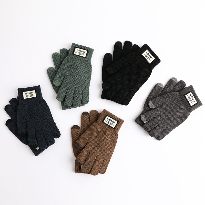 boy Boy Factory Direct Knitted Autumn Winter Large Size Men's Fleece Lined Thick Jacquard Warm Wool Touchscreen Gloves_voghion.com