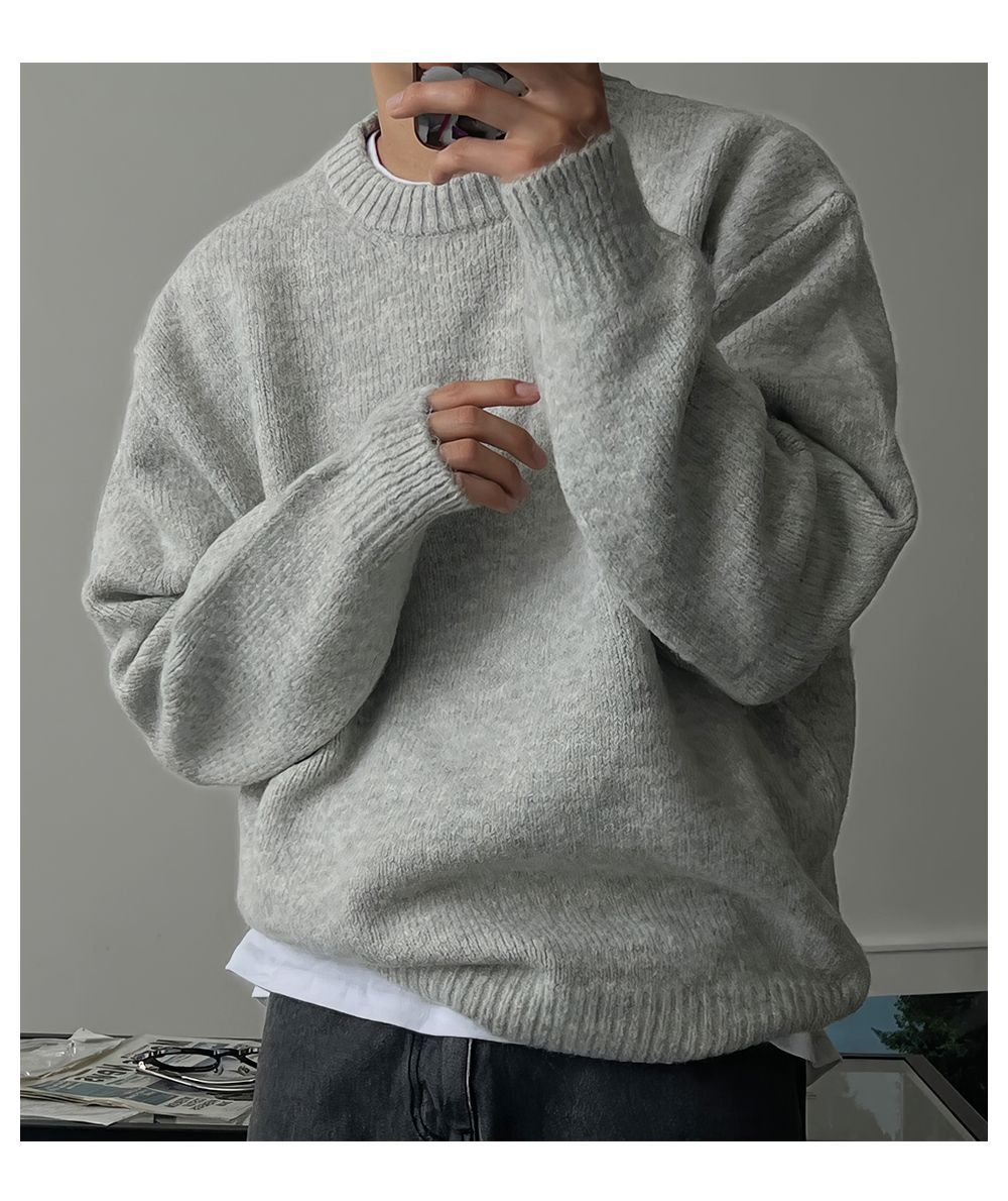boy Boy Boy Boy Solid Color Drop Shoulder Round Neck Knitted Sweater For Men, Spring And Autumn Lazy Basic Versatile Sweater, Warm_voghion.com