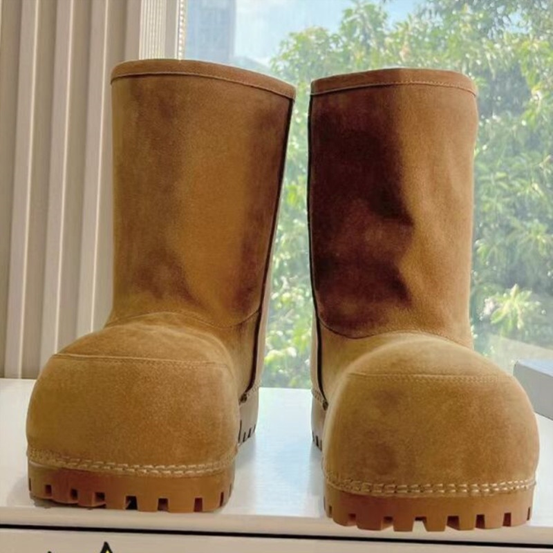 Zees Cowhide Genuine Wool Ugly Cute Big Toe Snow Couple Men And Women Thickened Warm Cotton Shoes Thick Sole Mid-Calf Ski_voghion.com