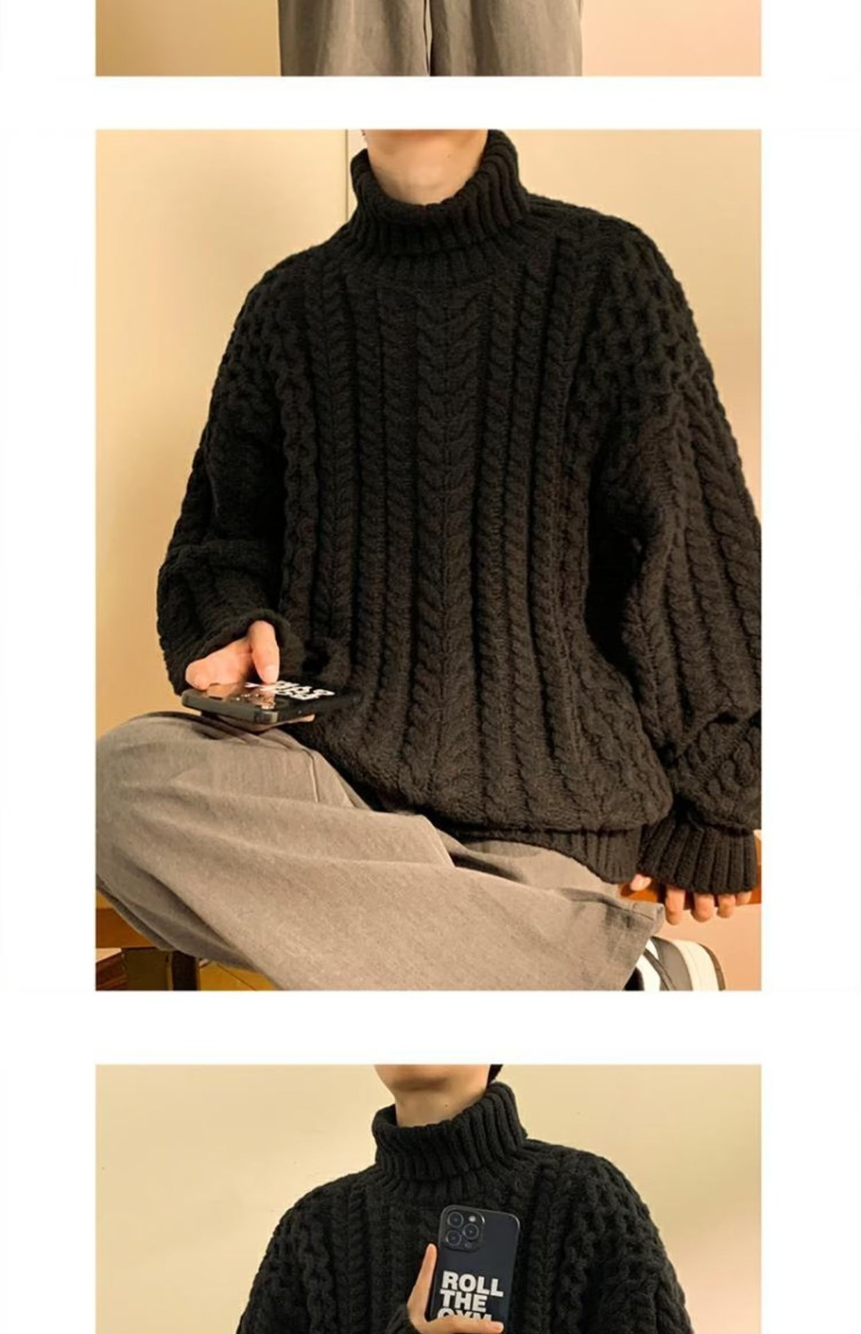 Pull en maille épaisse à torsades pour homme, col montant, automne-hiver, style américain décontracté, haut de gamme._voghion.com