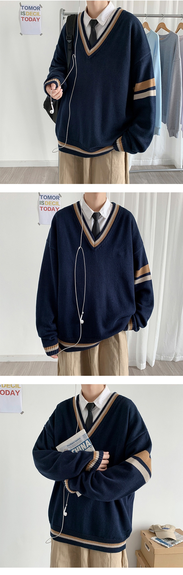boy Boy Boy Boy Autumn Winter Sweater Men V-Neck Japanese Retro Loose Korean Style Pullover Casual Trendy Brand BF Color Block Knitwear_voghion.com