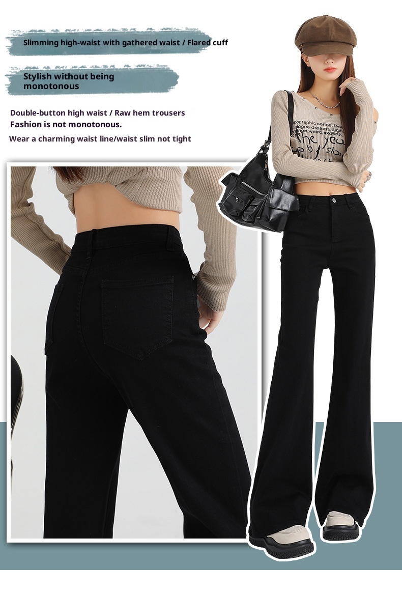 ChicShe 2024 Herfst Winter Nieuwe Losse Fit Hoge Taille Afslankende Uitlopende Zwarte Jeans Voor Vrouwen Beenverlenging_voghion.com