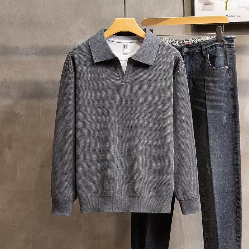 boy Boy Turn-Down Collar Knit Autumn Winter 2022 New Style Men High-End Trendy Pullover Long Sleeve Polo Sweater_voghion.com