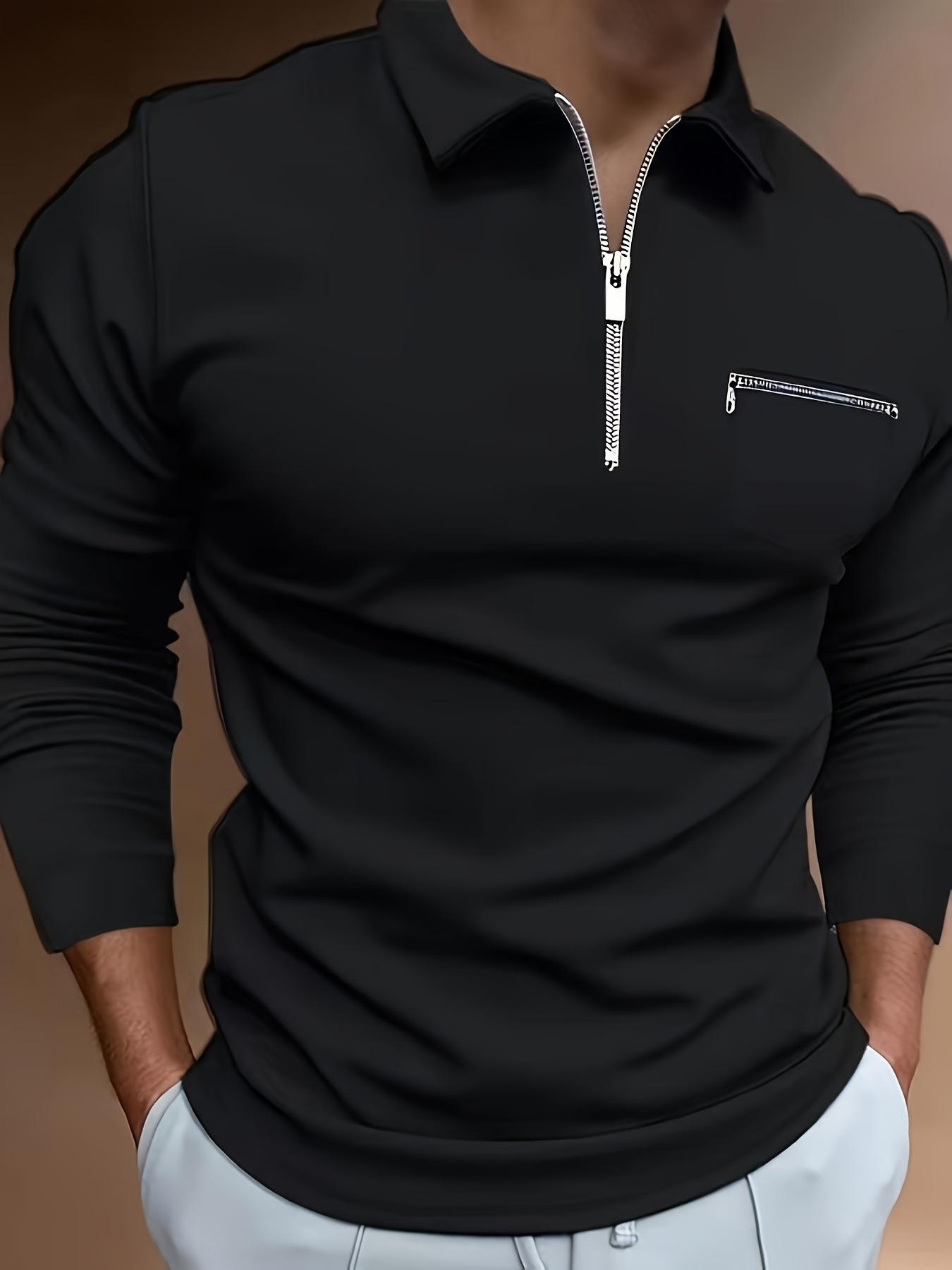 boy Boy Fashion Casual Golf Hiking Long Sleeve Solid Color Double Zipper Turn-Down Collar Sports Polo Shirt_voghion.com